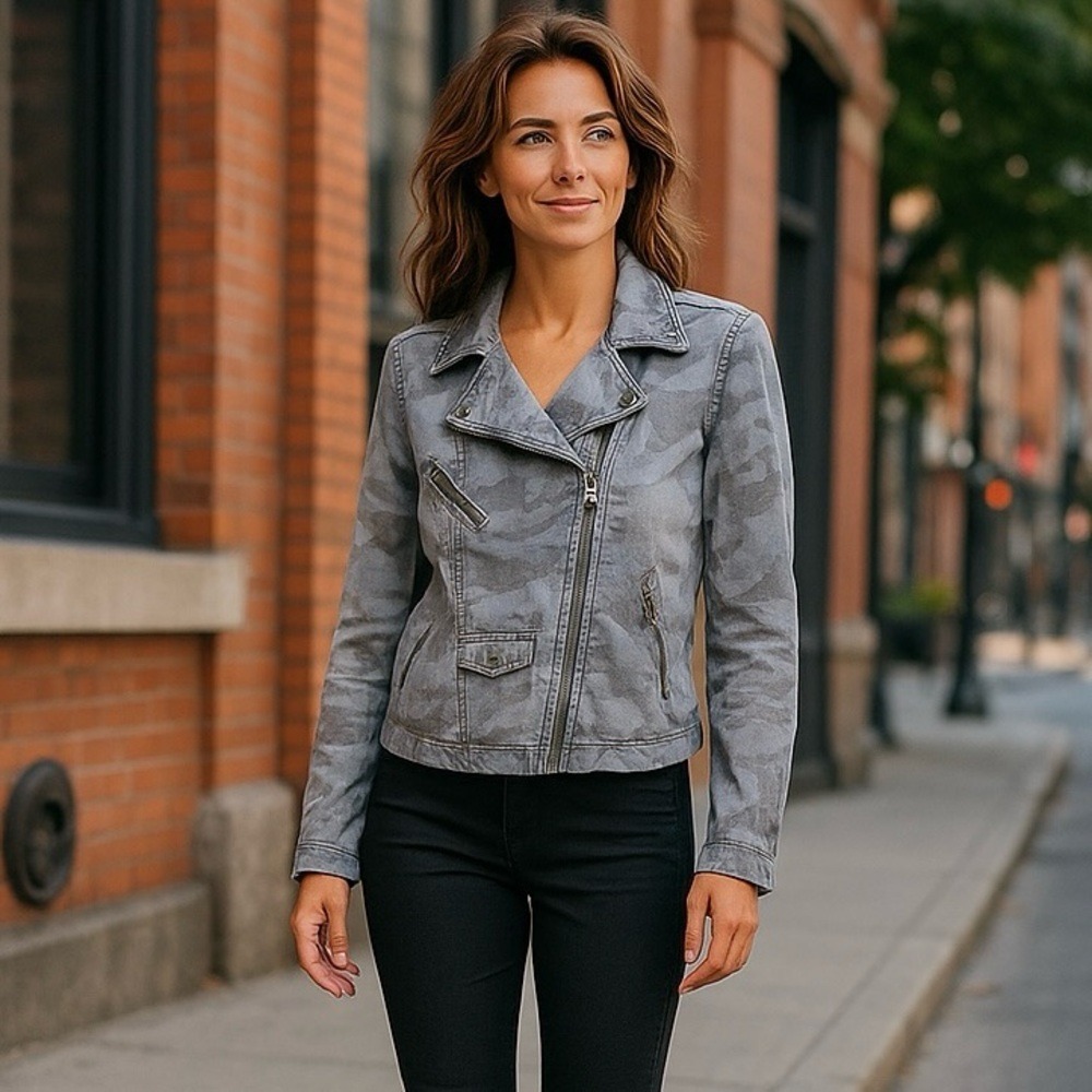 MARRAKECH 100% Linen Camouflage Moto Utility Blue and Grey Jacket